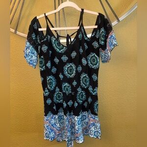 Black blue patterned romper with cutout shoulders